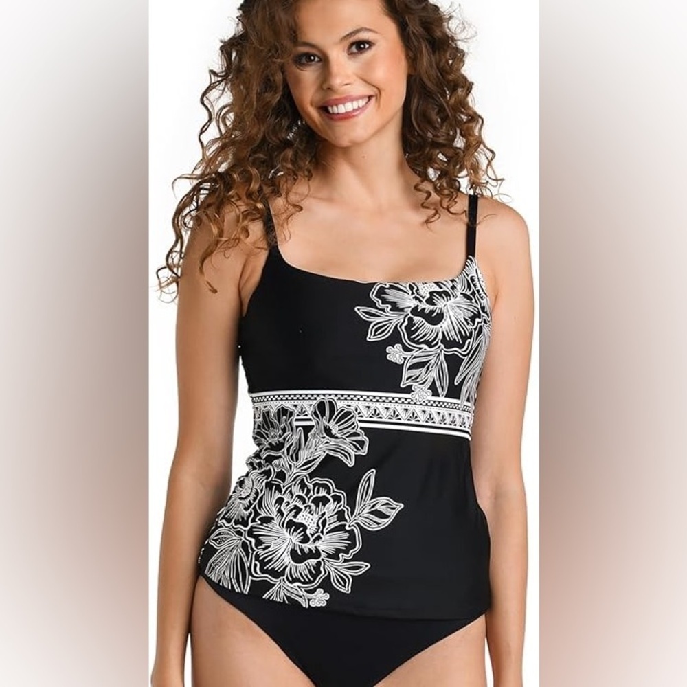 La Blanca Women's Lingerie Strap Tankini Swimsuit Top Black/Shadow Floral 12